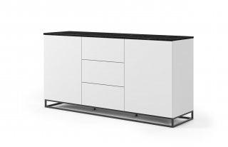 Buffet WHITY 2 blanc mat 180cm 2 portes/3 tiroirs Plateau en Marbre noir avec piètement noir